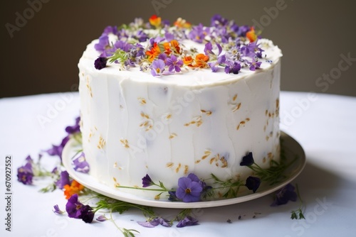 a tall white cake adorned with small, delicate edible flowers
