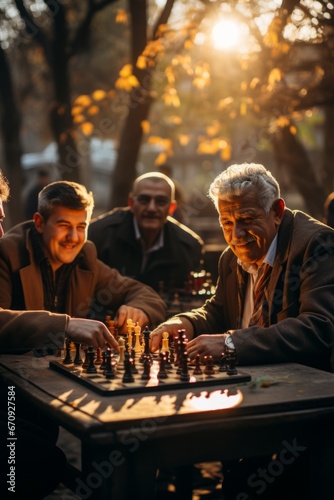 Group of men playing chess in a local park, Generative AI 
