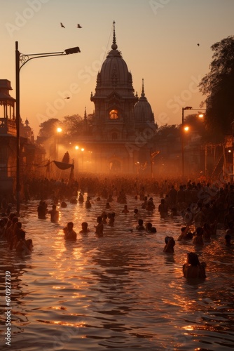 Group of pilgrims bathing in the holy waters of the Ganges in Haridwar  Generative AI