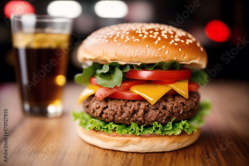 Closeup of tasty hamburger with cheese and vegetables on black background. Generative AI
