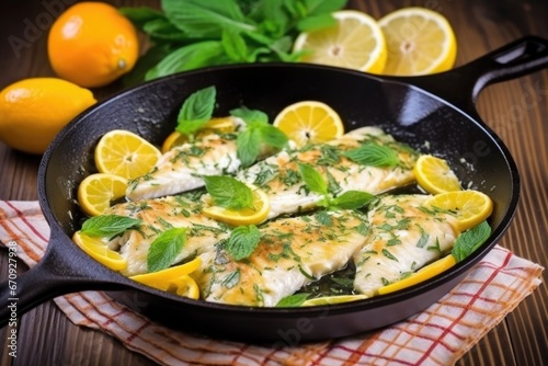 fish fried in a pan with slices of citrus and sprigs of basil