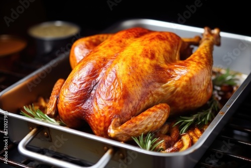 close-up of a golden brown turkey in a roasting pan