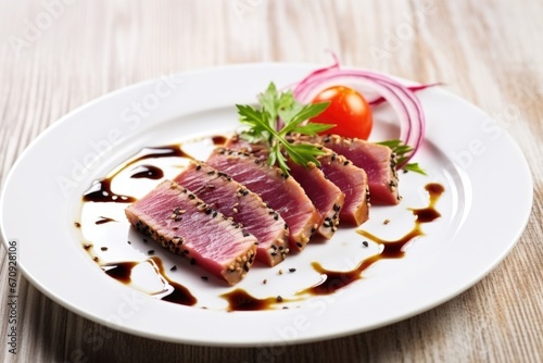 seared tuna steak with sesame seeds on a white plate