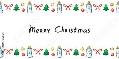 Vector background, frame, border of color festive Christmas symbols in doodle flat style. Horizontal top and bottom edging, decoration. Merry Christmas lettering.