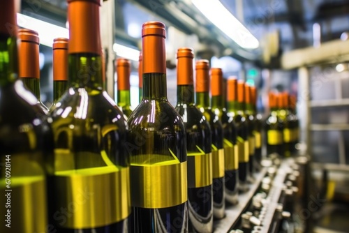 mock wine label on bottles on the production line