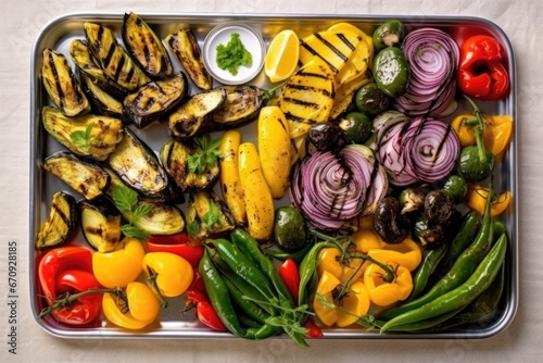flat lay of assorted grilled veggies arrayed on a glass platter