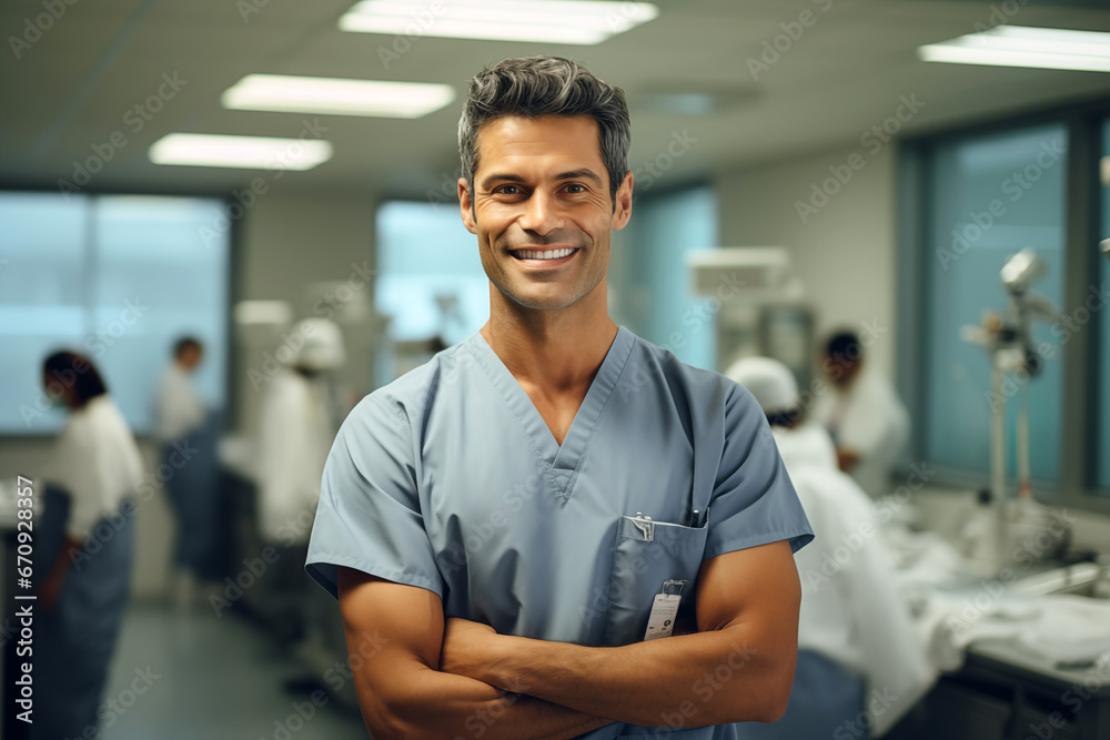 Smiling male surgeon in uniform at work in a hospital. Health profession. Hospital. Clinical. Work. AI. Smiling male surgeon in uniform at work in a hospital. Health profession. Hospital. Clinical. Work. AI.
