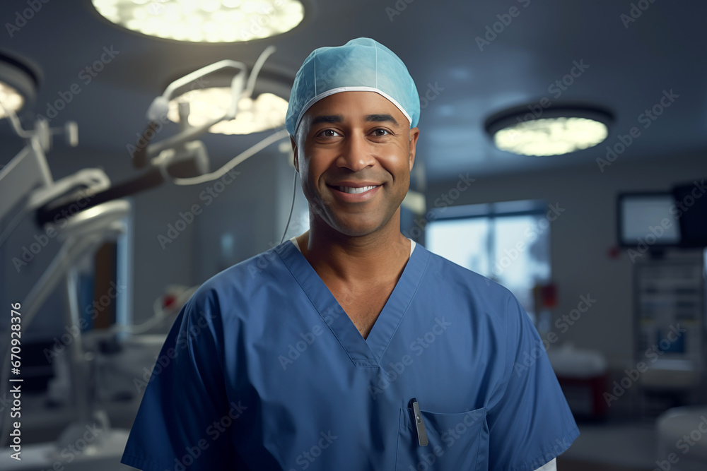 Smiling male surgeon in uniform at work in a hospital. Health profession. Hospital. Clinical. Work. AI. Smiling male surgeon in uniform at work in a hospital. Health profession. Hospital. Clinical. Work. AI.