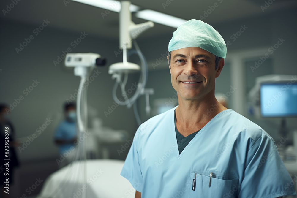 Smiling male surgeon in uniform at work in a hospital. Health profession. Hospital. Clinical. Work. AI. Smiling male surgeon in uniform at work in a hospital. Health profession. Hospital. Clinical. Work. AI.