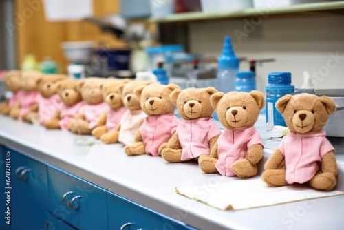 near-finished teddy bears lined up on workbench