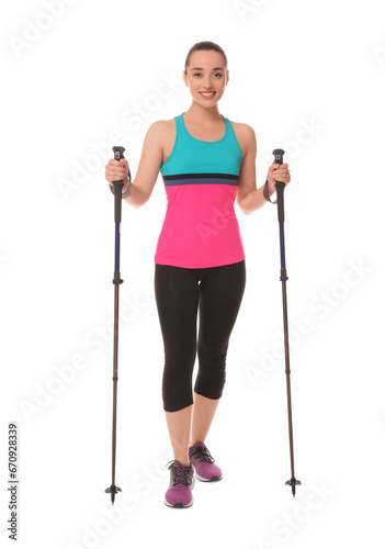 Woman with poles for Nordic walking isolated on white