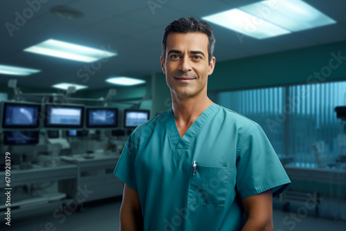 Smiling male surgeon in uniform at work in a hospital. Health profession. Hospital. Clinical. Work. AI.