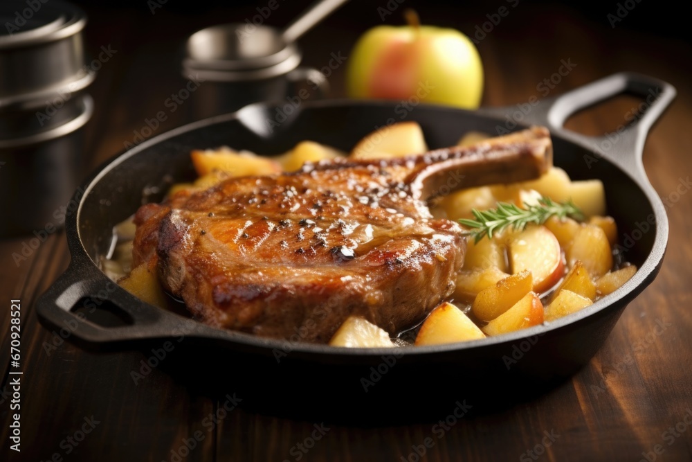 pork chop in cast iron skillet with caramelized apple sauce