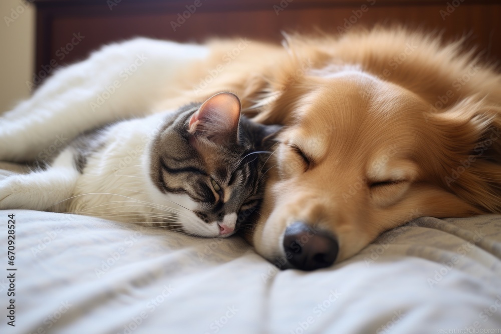 Obraz premium a cat and a dog sleeping together