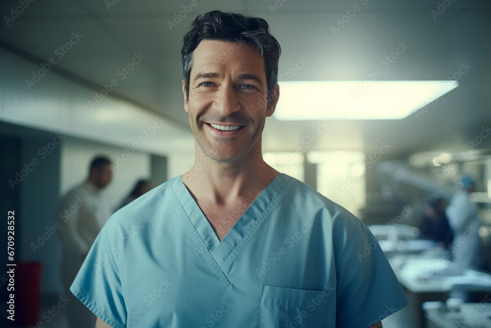 Smiling male surgeon in uniform at work in a hospital. Health profession. Hospital. Clinical. Work. AI. Smiling male surgeon in uniform at work in a hospital. Health profession. Hospital. Clinical. Work. AI.