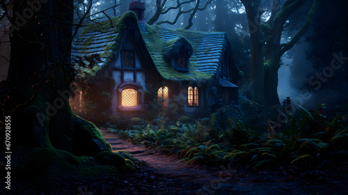 Mysterious witch s cottage with glowing windows deep in the woods. misty forest  spooky halloween night