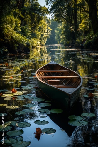 Serene boat ride on the tranquil Kerala backwaters, Generative AI © Shooting Star Std