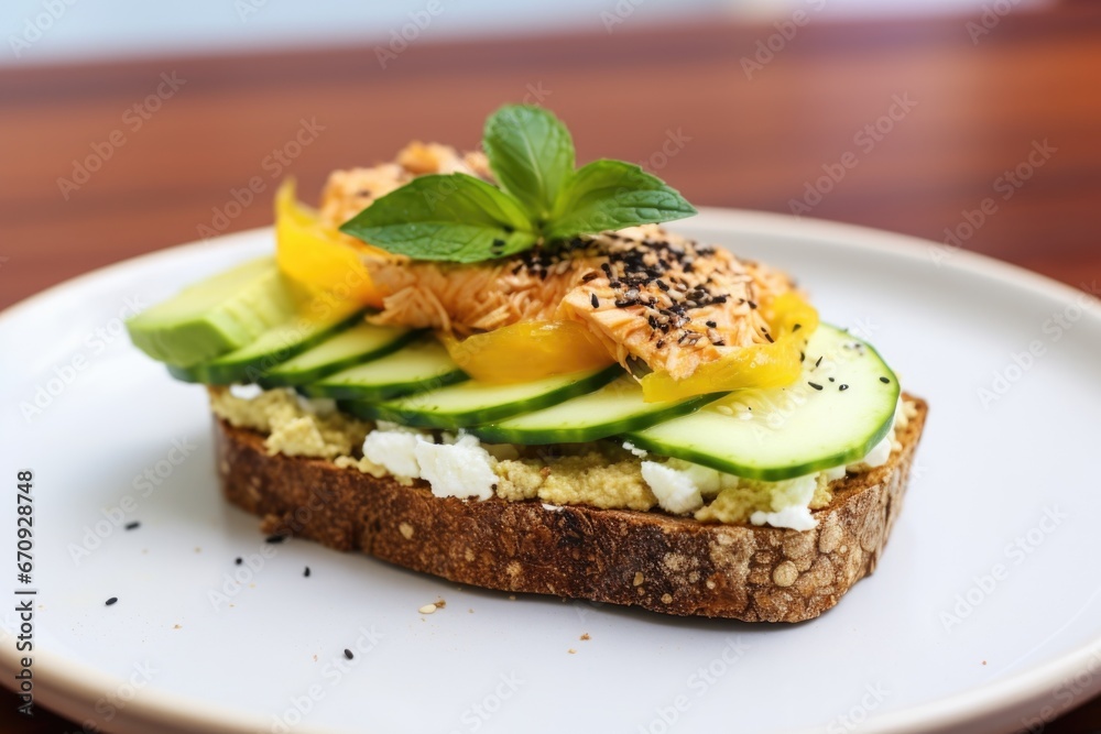 open-faced sandwich with salmon and cucumber on crusted bread open-faced sandwich with salmon and cucumber on crusted bread