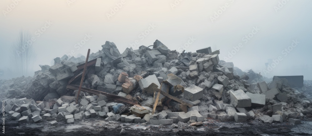Destroyed building debris piles of stones foggy haze Destruction impact in the background Destroyed building debris piles of stones foggy haze Destruction impact in the background