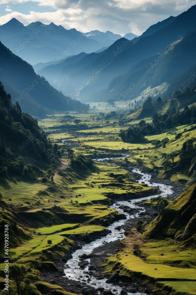 Serene landscape of the Himalayan foothills in Himachal Pradesh, Generative AI Serene landscape of the Himalayan foothills in Himachal Pradesh, Generative AI