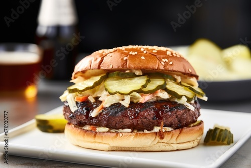 brisket sandwich with coleslaw and pickles on a toasted bun