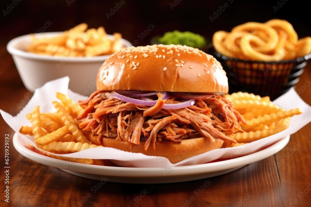 pulled pork sandwich in a basket beside curly fries pulled pork sandwich in a basket beside curly fries