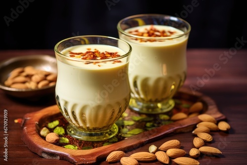 two glasses of thandai with pistachios on the lip