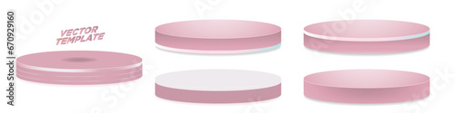 Set of 3D Rendered Pink glossy Podiums and pedestals. Colorful bright pink 3d stands with shadows. Editable Vector Illustration. 