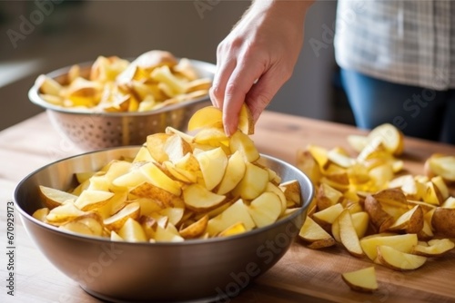 a hand crushing potato chips into a bowl for cooking