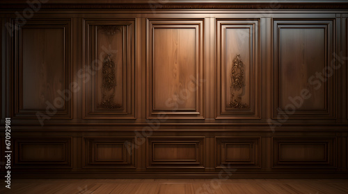 Luxury wood paneling background or texture. highly crafted classic or traditional wood paneling, with a frame pattern, often seen in courtrooms, premium hotels, and law offices. .