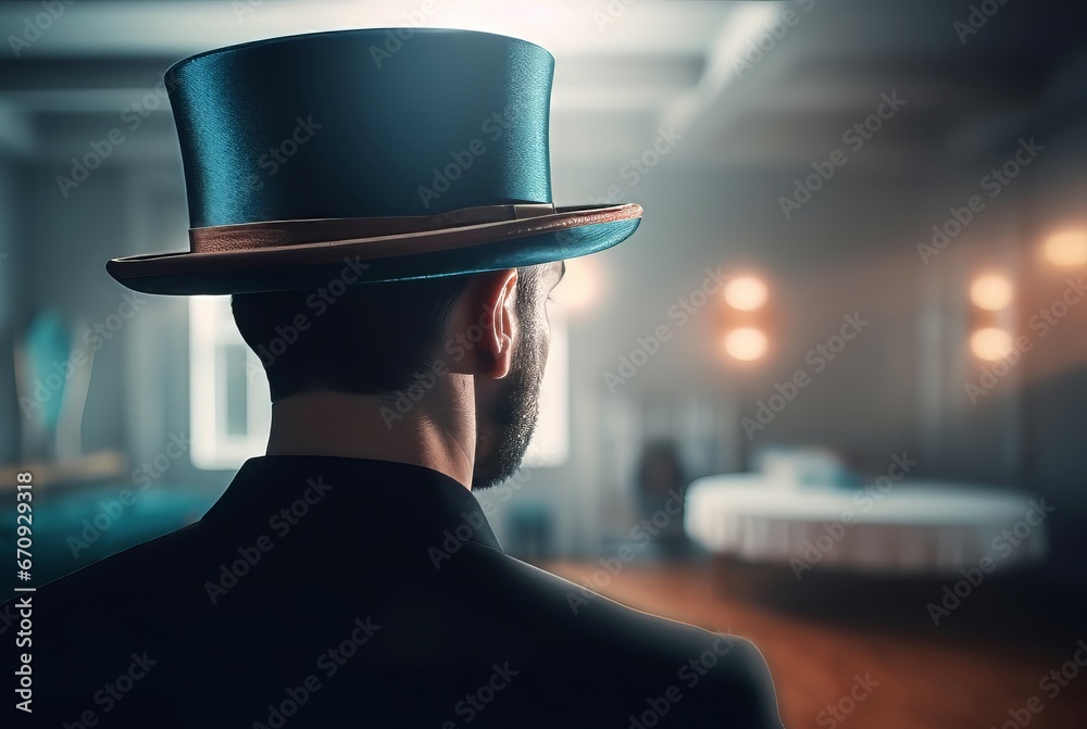 Magician with top hat scene. Show retro party trick performer. Generate Ai