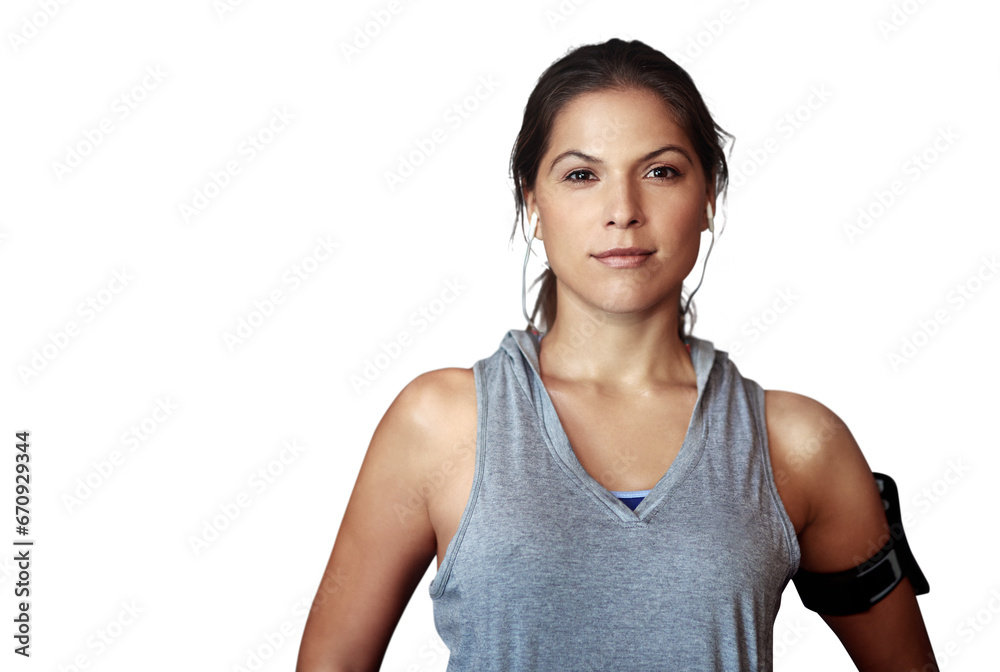 Woman, fitness and portrait, young athlete with health and active isolated on png transparent background. Workout, training and cardio, female model in headshot and exercise, healthy and wellness