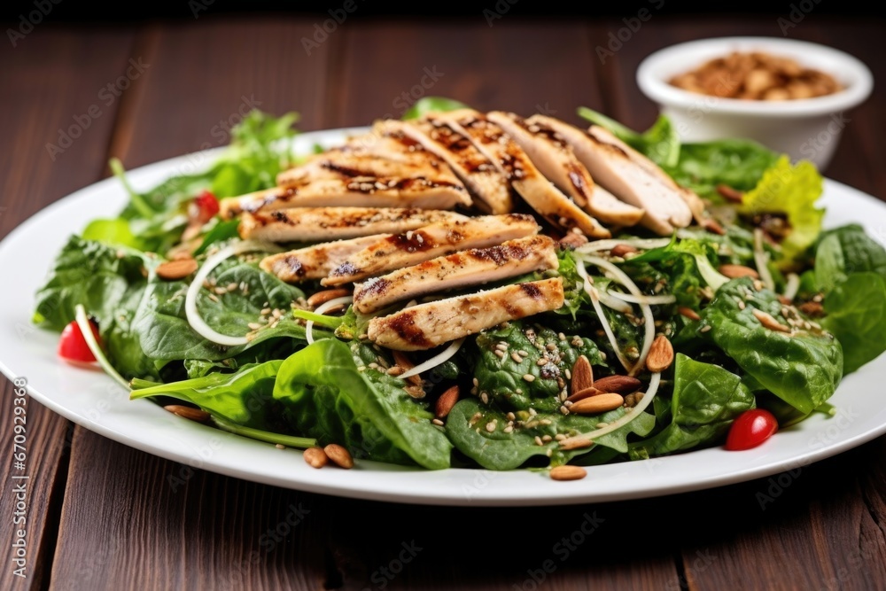 grilled chicken on leafy greens, dressed with sunflower seeds
