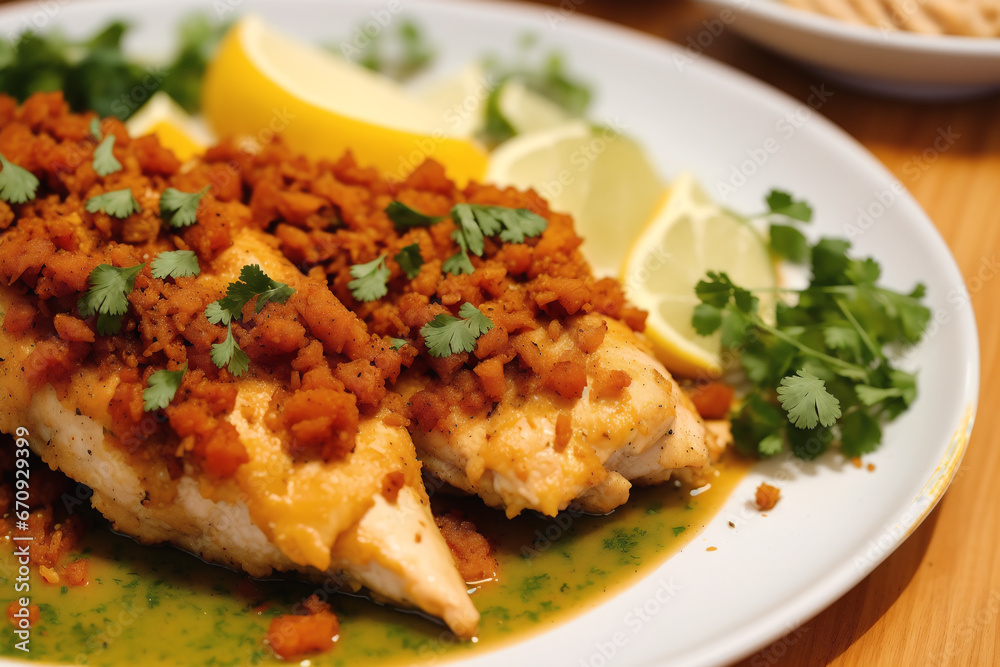 Chicken tanduri. Delicious chicken meal with rice, vegetables and sauce on a white plate. Generative AI Chicken tanduri. Delicious chicken meal with rice, vegetables and sauce on a white plate. Generative AI