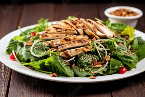 grilled chicken on leafy greens, dressed with sunflower seeds