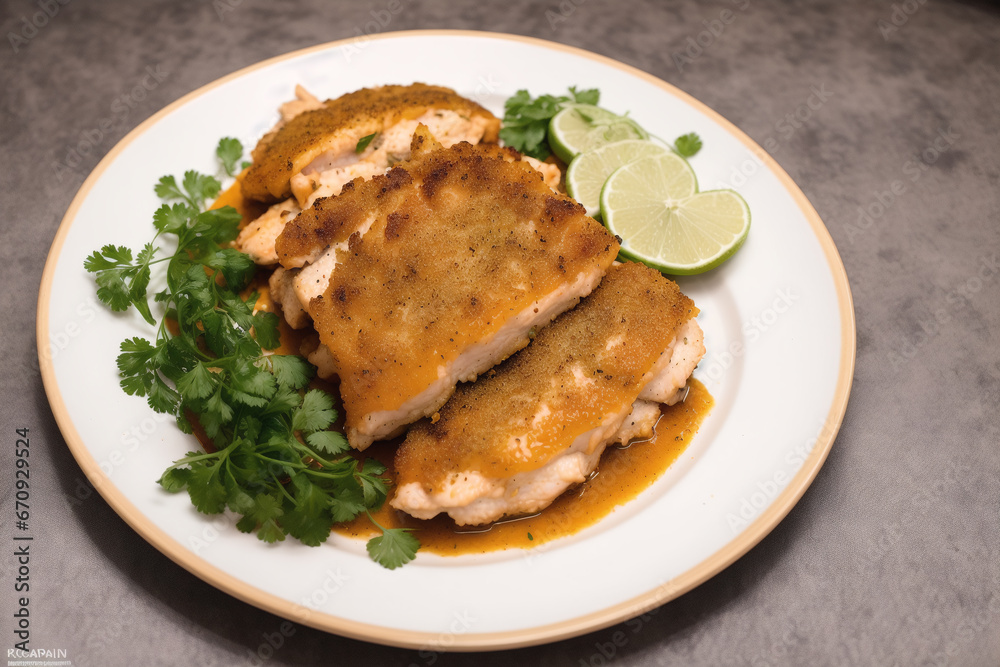 Chicken tanduri. Delicious chicken meal with rice, vegetables and sauce on a white plate. Generative AI Chicken tanduri. Delicious chicken meal with rice, vegetables and sauce on a white plate. Generative AI