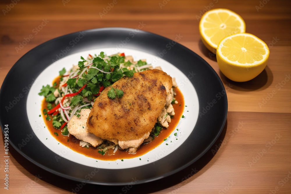Chicken tanduri. Delicious chicken meal with rice, vegetables and sauce on a white plate. Generative AI Chicken tanduri. Delicious chicken meal with rice, vegetables and sauce on a white plate. Generative AI