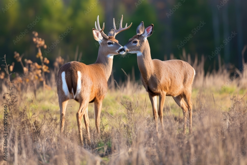 two deer grazing close to each other in a field two deer grazing close to each other in a field