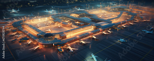 Commercial futuristic airport from top view. Night scene of aircrafts in airport.