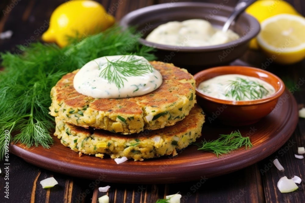 a chickpea patty with tahini sauce on a wooden table a chickpea patty with tahini sauce on a wooden table