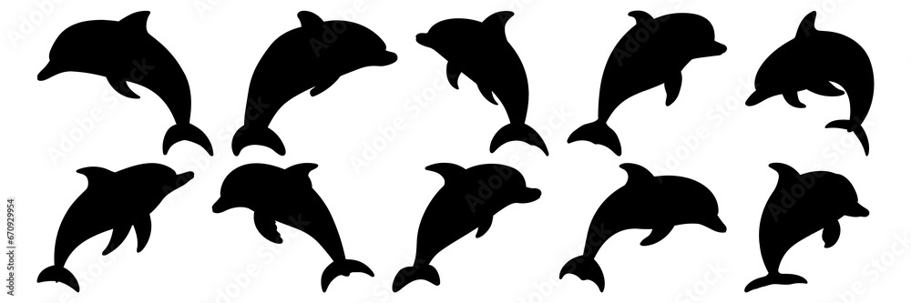 Fototapeta premium Dolphin silhouettes set, large pack of vector silhouette design, isolated white background