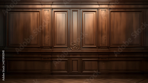 Luxury wood paneling background or texture. highly crafted classic or traditional wood paneling, with a frame pattern, often seen in courtrooms, premium hotels, and law offices. . photo