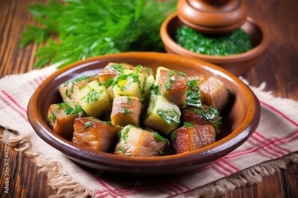 marinated pork belly with a side of fresh herbs on a ceramic plate marinated pork belly with a side of fresh herbs on a ceramic plate