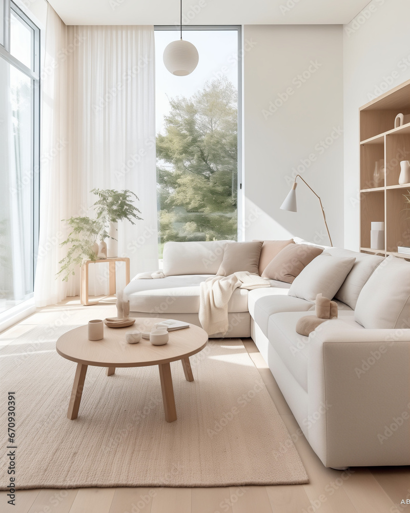 Fototapeta premium fresh contemporary living room, minimal interior, white furniture, white couch, in the style of cottagecore, beige, generative AI
