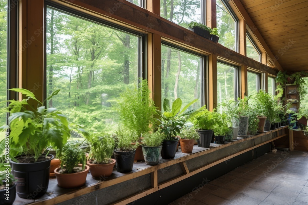 indoor plants against large glass windows in a cabin