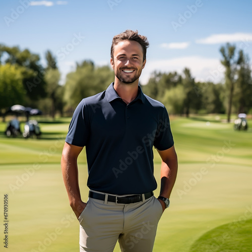 Male Golfer on a golf course. Concept of the golf. Shallow field of view. photo