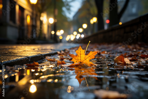 Dry fallen leaves lie on a wet asphalt pavement, against the background of trees, on an autumn morning, in a park.