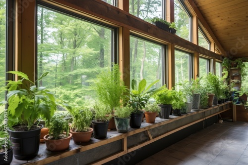 indoor plants against large glass windows in a cabin