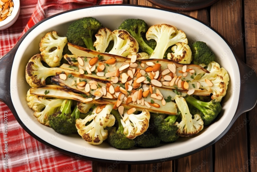 overhead view of grilled broccoli and cauliflower on an oval dish overhead view of grilled broccoli and cauliflower on an oval dish