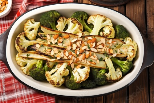 overhead view of grilled broccoli and cauliflower on an oval dish